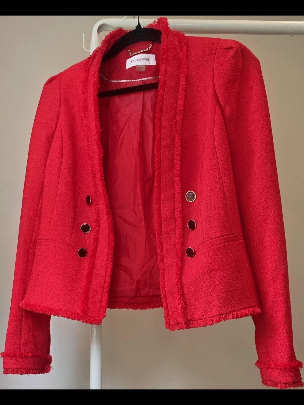 Calvin Klein Bright Red Frayed-Trim Double-Breasted Blazer